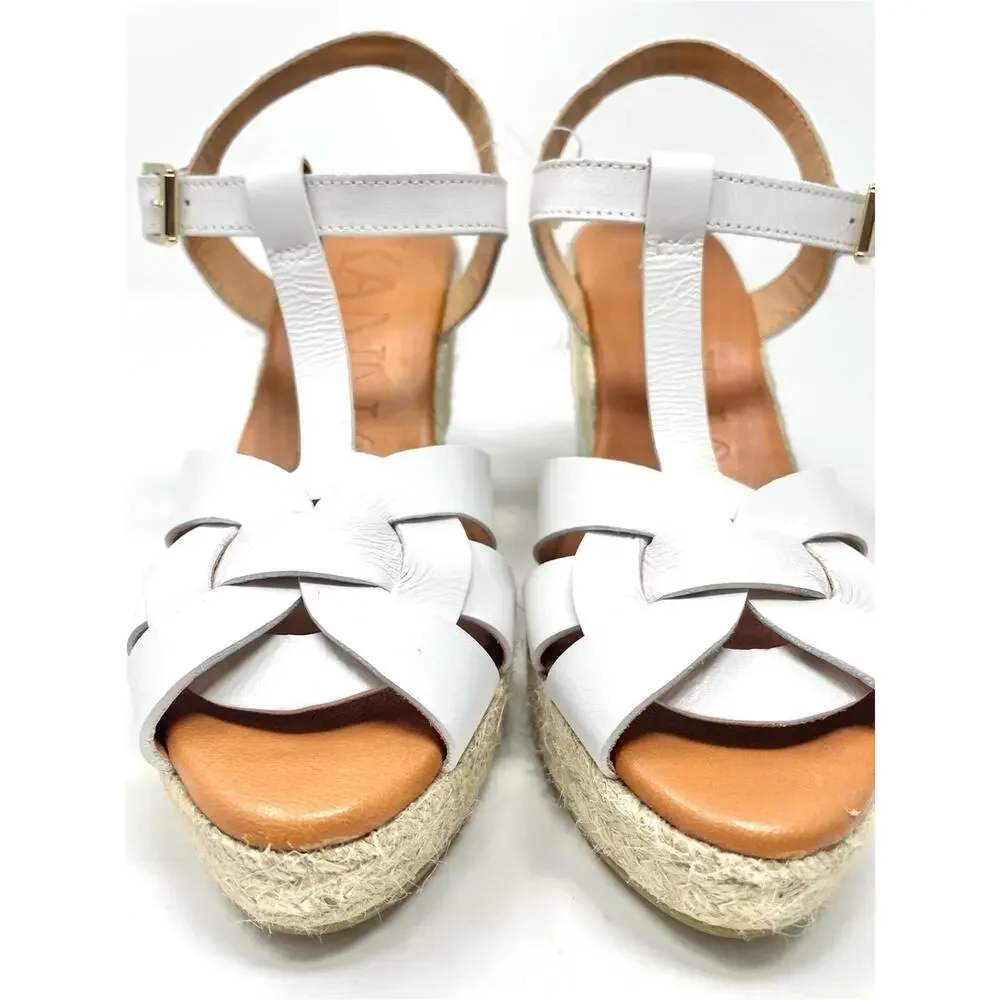 NEW KANNA Made In Spain White Leather Espadrille Wedge Sandals Size 6, EU 36